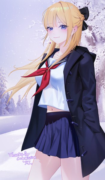 Anime picture 1500x2571 with original lichiko single long hair tall image looking at viewer blush fringe blue eyes blonde hair standing outdoors pleated skirt light smile wind open clothes text snow english thank you