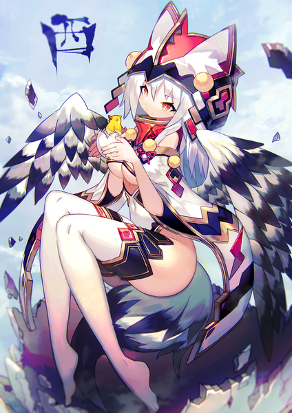 Anime picture 1061x1500 with original mamuru single long hair tall image blush fringe breasts light erotic smile hair between eyes sitting holding animal ears looking away cloud (clouds) bent knee (knees) tail long sleeves head tilt