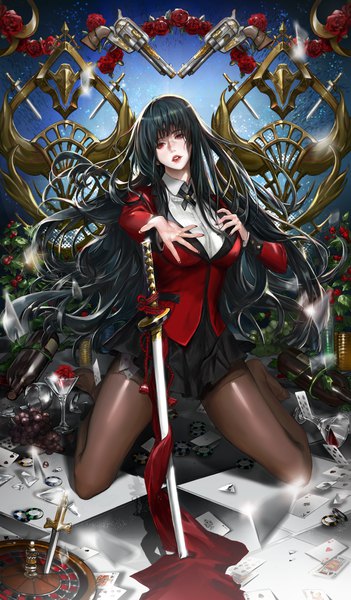 Anime picture 4000x6826 with kakegurui jabami yumeko mucuzi single long hair tall image looking at viewer fringe highres breasts black hair red eyes absurdres full body blunt bangs nail polish parted lips head tilt fingernails no shoes