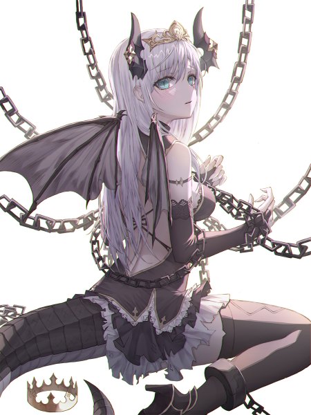 Anime picture 900x1200 with original herb (artist) single long hair tall image looking at viewer blush fringe breasts simple background hair between eyes white background sitting silver hair tail parted lips looking back horn (horns) aqua eyes high heels
