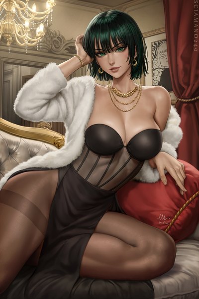 Anime picture 2000x3000 with one-punch man madhouse tatsumaki fubuki (one-punch man) sciamano240 single tall image looking at viewer fringe highres short hair breasts light erotic smile hair between eyes large breasts sitting bare shoulders green eyes signed
