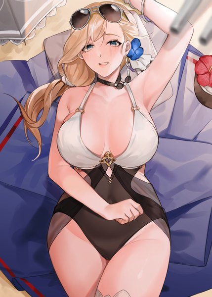 Anime picture 2000x2800 with azur lane hood (azur lane) hood (sunlit lady) (azur lane) muunai single long hair tall image looking at viewer blush fringe highres breasts blue eyes light erotic blonde hair large breasts outdoors lying parted lips arm up