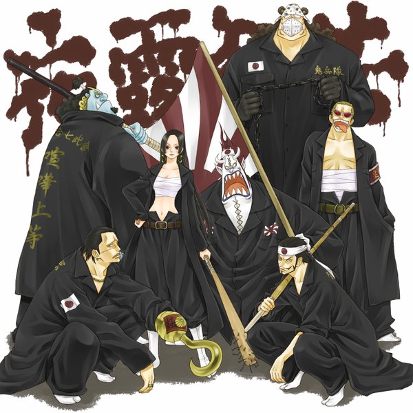 Anime picture 1500x1500 with one piece toei animation boa hancock donquixote doflamingo sir crocodile dracule mihawk jimbei gecko moria bartholomew kuma cocotri (artist) long hair looking at viewer blush short hair breasts open mouth black hair simple background blonde hair smile