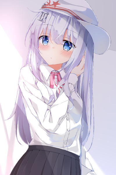 Anime picture 799x1200 with kantai collection hibiki destroyer verniy destroyer niruanu (nitayam) single long hair tall image looking at viewer blush fringe blue eyes simple background hair between eyes payot silver hair long sleeves head tilt pleated skirt sunlight shadow