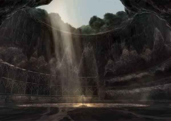 Anime picture 1399x990 with zetsuen no tempest studio bones sky sunlight light no people rock plant (plants) tree (trees) cave