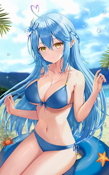 Anime picture 1247x2000 with virtual youtuber hololive yukihana lamy sauvignon single long hair tall image looking at viewer blush fringe breasts light erotic smile hair between eyes large breasts sitting yellow eyes blue hair sky cloud (clouds)