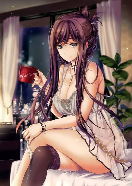 Anime picture 2492x3526 with melonbooks moneti (daifuku) single long hair tall image looking at viewer fringe highres breasts light erotic hair between eyes brown hair large breasts sitting signed payot cleavage bent knee (knees) indoors scan