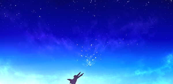 Anime picture 2039x1000 with kyoukai no kanata kyoto animation kanbara akihito kibunya 39 highres wide image sky cloud (clouds) night night sky silhouette boy star (stars)