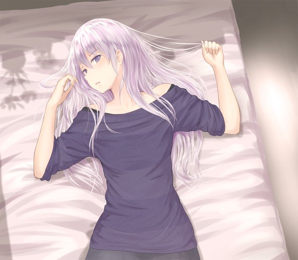 Anime picture 1200x1047 with original minagiku single long hair looking at viewer fringe open mouth hair between eyes purple eyes bare shoulders payot purple hair upper body lying from above shadow on back twisty sleeves girl bed