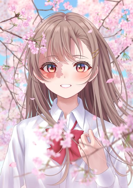 Anime picture 1457x2064 with original yoshiki 3821 single long hair tall image looking at viewer blush smile brown hair upper body outdoors pink eyes blurry grin cherry blossoms spring girl uniform flower (flowers) school uniform