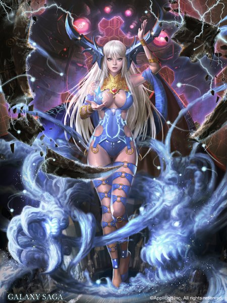 Anime picture 750x1000 with galaxy saga kilart (artist) single long hair tall image looking at viewer blue eyes standing cleavage silver hair horn (horns) inscription magic smoke lightning electricity destruction girl bracelet belt