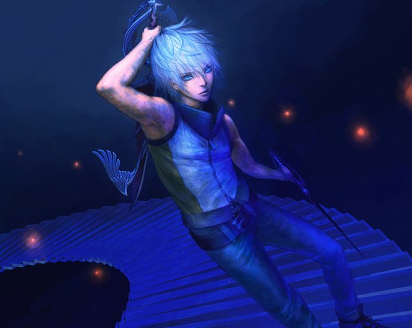 Anime picture 4400x3508 with kingdom hearts square enix riku (kingdom hearts) slaygun single looking at viewer highres short hair blue eyes simple background holding absurdres grey hair armpit (armpits) dark background dual wielding boy weapon sword stairs