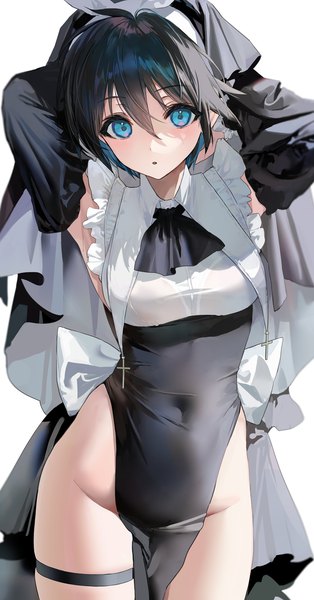 Anime picture 1047x2000 with houshin engi taikoubou mimoza (96mimo414) single tall image looking at viewer blush fringe short hair breasts open mouth blue eyes light erotic black hair simple background hair between eyes standing white background head tilt multicolored hair