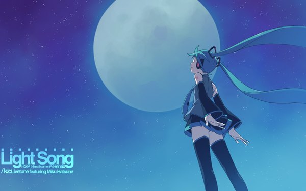 Anime picture 1920x1200 with vocaloid hatsune miku kanzaki hiro single long hair highres wide image twintails sky full body outdoors pleated skirt aqua hair night wallpaper floating hair girl thighhighs skirt black thighhighs