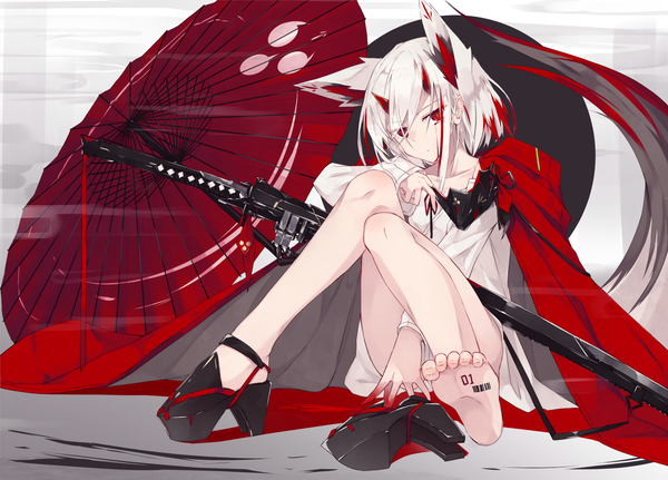 Anime picture 1541x1107 with original nagishiro mito single looking at viewer fringe short hair light erotic simple background red eyes sitting animal ears payot full body bent knee (knees) white hair tail long sleeves head tilt animal tail multicolored hair