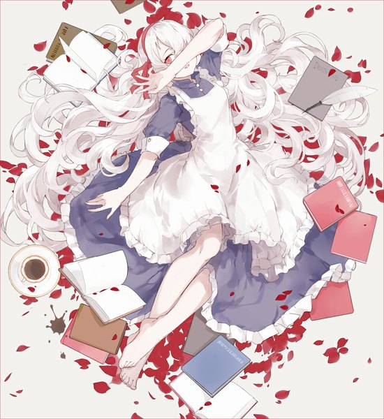 Anime picture 1000x1091 with kagerou project shaft (studio) mary (kagerou project) nine (liuyuhao1992) single long hair tall image fringe open mouth red eyes bent knee (knees) white hair lying barefoot from above bare legs legs wavy hair covering covering eye (eyes)