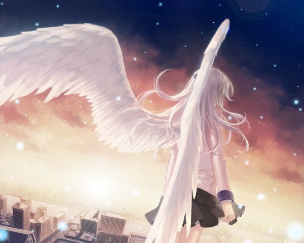 Anime picture 1200x960 with angel beats! key (studio) tachibana kanade robinexile white hair from behind night city evening sunset angel wings girl serafuku