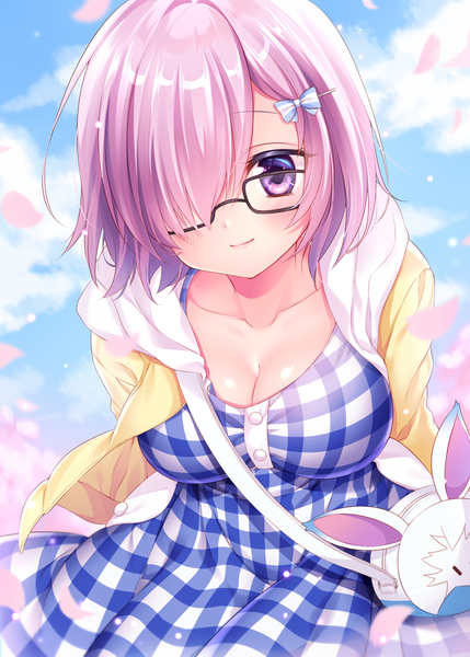 Anime-Bild 720x1007 mit fate (series) fate/grand order mash kyrielight mitsuba choco single tall image looking at viewer fringe short hair breasts large breasts purple eyes pink hair sky cleavage cloud (clouds) light smile hair over one eye leaning leaning forward