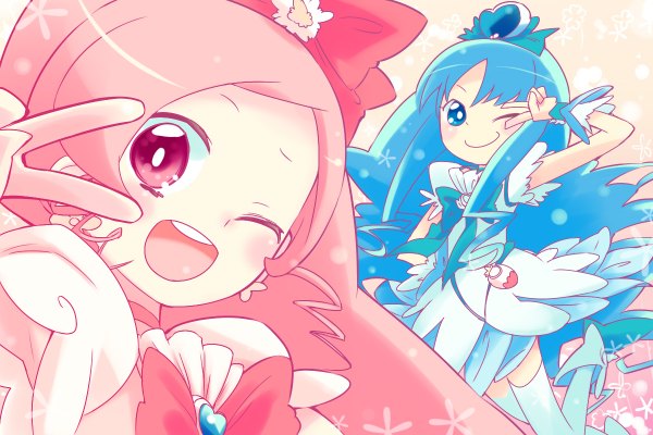 Anime picture 1200x800 with heartcatch precure! futari wa pretty cure kurumi erika hanasaki tsubomi cure blossom cure marine mizu asato blue eyes multiple girls blue hair pink hair one eye closed pink eyes wink girl 2 girls