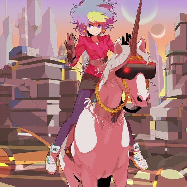 Anime picture 1500x1500 with original tomioka jirou single short hair blonde hair sitting purple eyes sky horn (horns) city glowing cityscape crescent riding girl gloves earrings miniskirt animal pantyhose
