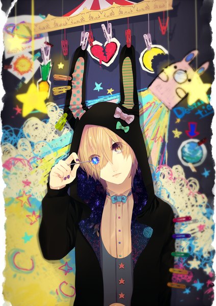 Anime-Bild 964x1364 mit original kyama single tall image looking at viewer blonde hair animal ears nail polish bunny ears abstract colorful boy bow shirt heart bowtie star (symbol) hood