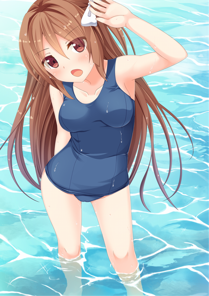 Anime picture 1388x1963 with original amamiya inari single long hair tall image looking at viewer blush open mouth light erotic brown hair brown eyes girl swimsuit water one-piece swimsuit school swimsuit