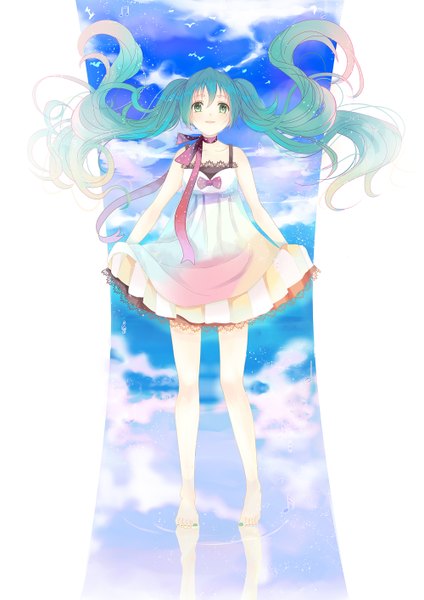 Anime picture 1000x1414 with vocaloid hatsune miku giaour single long hair tall image looking at viewer standing twintails holding sky cloud (clouds) multicolored hair barefoot aqua hair two-tone hair bare legs happy reflection flying