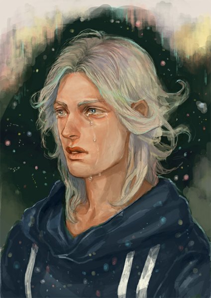 Anime picture 600x849 with jojo no kimyou na bouken steel ball run johnny joestar ichi (fe1538) single tall image short hair blue eyes looking away lips grey hair realistic tears portrait crying boy hood hoodie