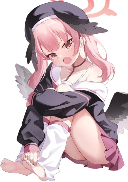 Anime-Bild 2894x4093 mit blue archive koharu (blue archive) dowal single long hair tall image looking at viewer highres open mouth light erotic simple background white background sitting twintails pink hair full body pink eyes off shoulder black wings head wings