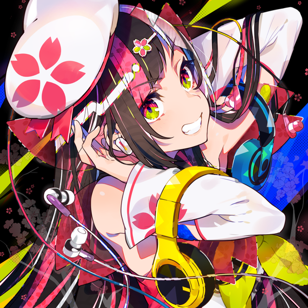 Anime picture 1200x1200 with original mika pikazo single long hair looking at viewer fringe smile brown hair yellow eyes payot upper body blunt bangs multicolored hair streaked hair grin floral print black background floral background girl detached sleeves