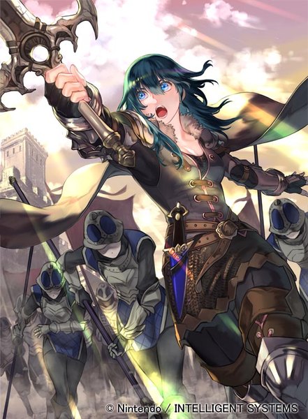 Anime picture 596x811 with fire emblem fire emblem: three houses nintendo byleth (fire emblem) byleth (female) (fire emblem) suzuki rika (artist) long hair tall image fringe open mouth blue eyes hair between eyes blue hair looking away sky cloud (clouds) sunlight official art running army