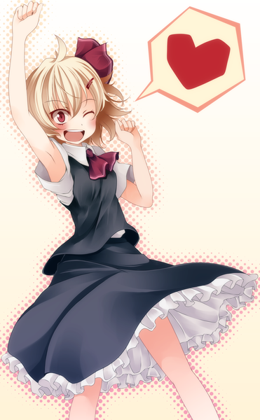 Anime picture 1000x1618 with touhou rumia s-syogo single tall image short hair open mouth blonde hair red eyes one eye closed wink girl dress skirt heart skirt set speech bubble