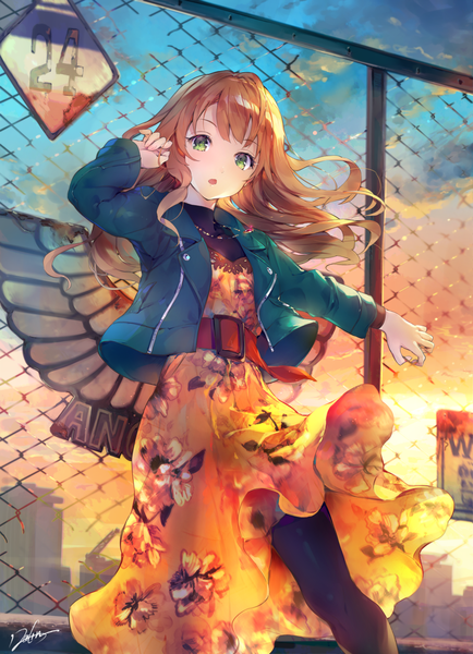 Anime picture 1114x1540 with original deecha single long hair tall image looking at viewer blush fringe open mouth brown hair standing green eyes signed sky cloud (clouds) outdoors arm up wind open jacket floral print