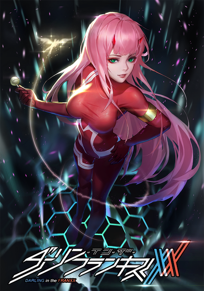 Anime picture 900x1279 with darling in the franxx studio trigger zero two (darling in the franxx) pauld single long hair tall image looking at viewer fringe breasts light erotic large breasts standing green eyes payot pink hair blunt bangs parted lips horn (horns) from above