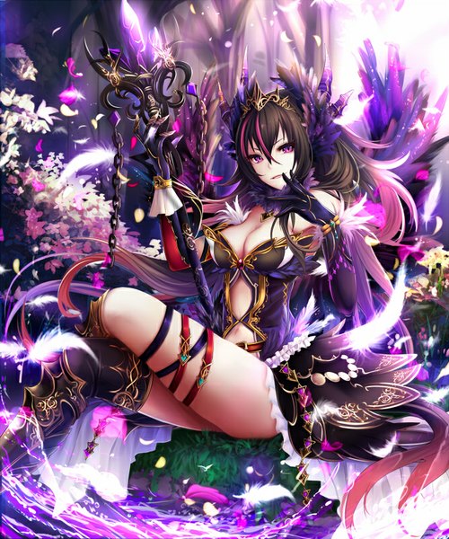 Anime picture 666x800 with kamigoku no valhalla gate aoi (kirabosi105) single long hair tall image looking at viewer fringe breasts light erotic black hair smile sitting bare shoulders pink hair bent knee (knees) pink eyes sunlight official art bare belly sunbeam