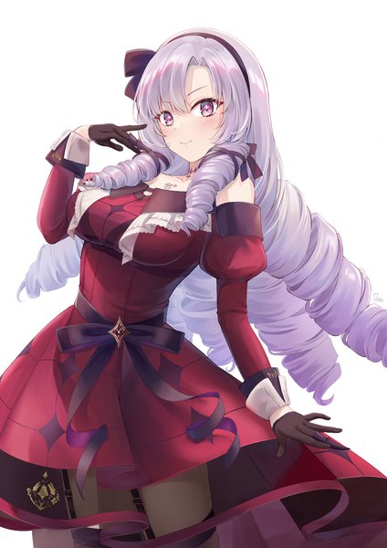 Anime picture 900x1273 with virtual youtuber nijisanji hyakumantenbara salome hyakumantenbara salome (1st costume) sebu illust single long hair tall image looking at viewer simple background smile white background purple eyes purple hair drill hair girl dress gloves pantyhose black gloves