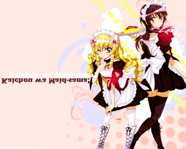 Anime picture 1280x1024 with kaichou wa maid-sama! ayuzawa misaki hyoudou aoi long hair blush blue eyes black hair blonde hair smile yellow eyes one eye closed wink maid otoko no ko curly hair thighhighs boy boots