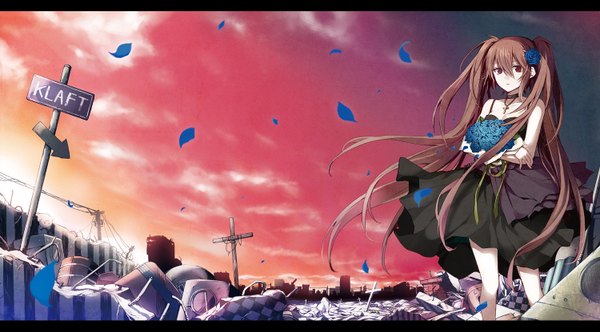 Anime picture 1500x831 with original arisaka ako single long hair looking at viewer red eyes brown hair wide image twintails bare shoulders hair flower wind city cityscape girl dress hair ornament flower (flowers) petals black dress