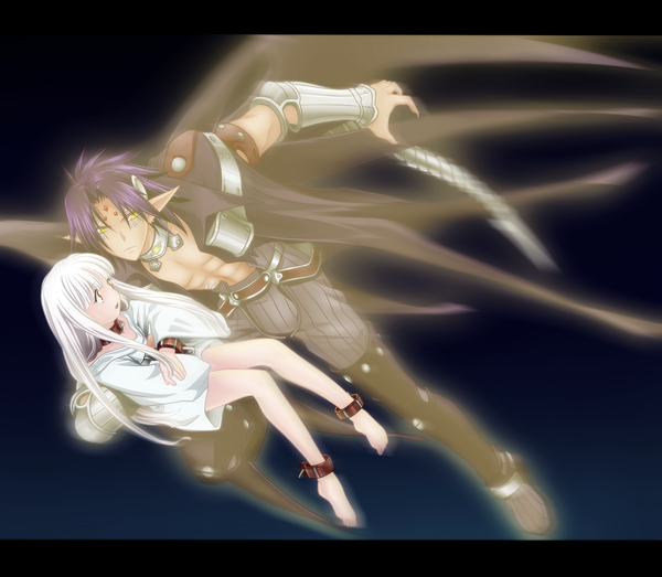 Anime picture 1600x1397 with chrono crusade gonzo azmaria hendric chrono hao-hime long hair short hair open mouth simple background smile red eyes yellow eyes purple hair white hair pointy ears coloring muscle girl boy cloak