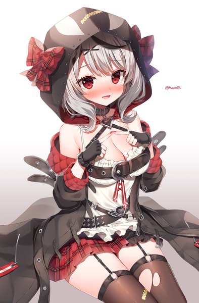 Anime-Bild 789x1200 mit virtual youtuber hololive sakamata chloe sakamata chloe (1st costume) mauve single tall image looking at viewer blush short hair breasts open mouth light erotic simple background red eyes large breasts sitting signed cleavage silver hair