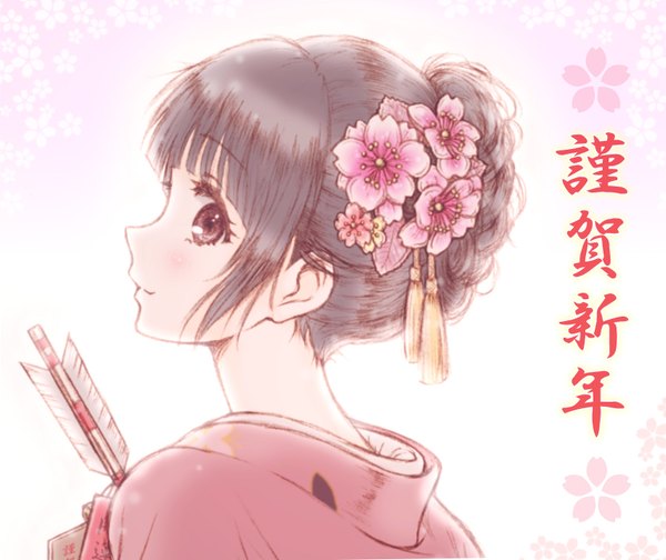 Anime picture 850x715 with hyouka kyoto animation chitanda eru bluez single blush short hair black hair payot traditional clothes japanese clothes profile looking back light smile black eyes text hieroglyph alternate hairstyle new year hair up