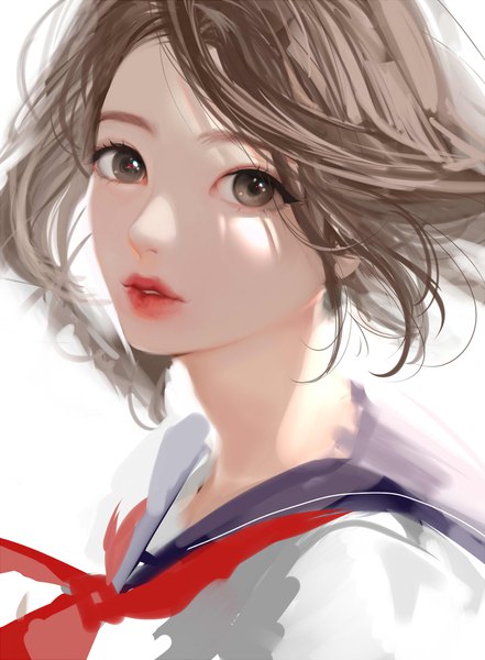 Anime picture 1500x2040 with original airspace (artist) single tall image looking at viewer short hair simple background brown hair white background brown eyes upper body parted lips lips sunlight blurry lipstick floating hair portrait red lipstick makeup
