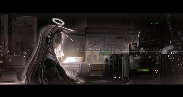 Anime picture 2100x1123 with original haguruma (hagurumali) single long hair fringe highres red eyes wide image animal ears payot upper body indoors profile grey hair bunny ears text glowing looking down light letterboxed