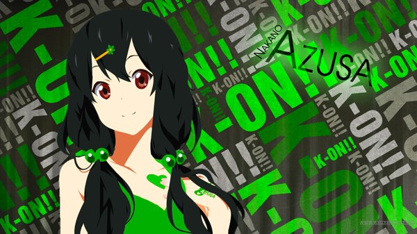 Anime picture 1920x1080 with k-on! kyoto animation nakano azusa single long hair looking at viewer highres black hair smile red eyes wide image twintails bare shoulders light smile inscription tattoo girl hair ornament hairclip hair tie