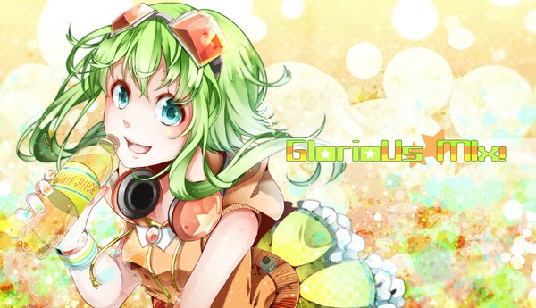 Anime picture 2000x1150 with vocaloid gumi nou single looking at viewer highres short hair open mouth wide image nail polish aqua eyes green hair inscription wallpaper multicolored nail polish girl headphones bottle goggles