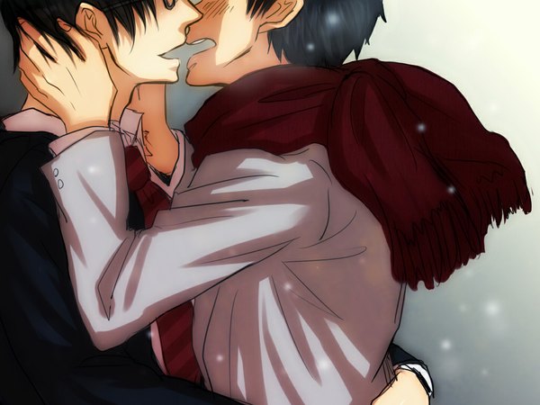 Anime picture 1024x768 with kuroko no basket production i.g kasamatsu yukio imayoshi shouichi fukashita mamedesu! blush short hair open mouth black hair blue hair grey background multiple boys couple snowing winter shounen ai almost kiss boy uniform school uniform