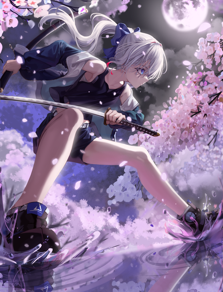 Anime picture 806x1054 with original ha en single long hair tall image fringe blue eyes hair between eyes holding looking away silver hair full body ponytail profile wind off shoulder night open jacket from below leaning