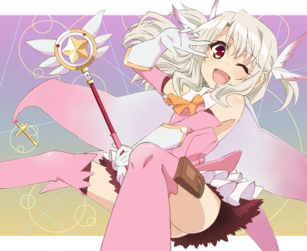 Anime picture 1218x1000 with fate (series) fate/kaleid liner prisma illya illyasviel von einzbern prisma illya magical ruby ginmaru single long hair looking at viewer blush fringe open mouth light erotic red eyes bare shoulders one eye closed grey hair wink two side up victory