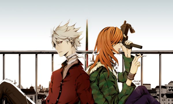 Anime picture 1500x900 with dogs: bullets & carnage david production haine rammsteiner badou nails red eyes wide image orange hair piercing smoking back to back boy weapon jacket gun bandage (bandages) eyepatch cigarette