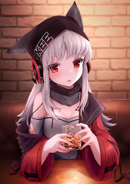Anime picture 2150x3035 with arknights frostleaf (arknights) mitsukii single long hair tall image looking at viewer blush fringe highres open mouth red eyes holding animal ears payot cleavage silver hair upper body indoors blunt bangs